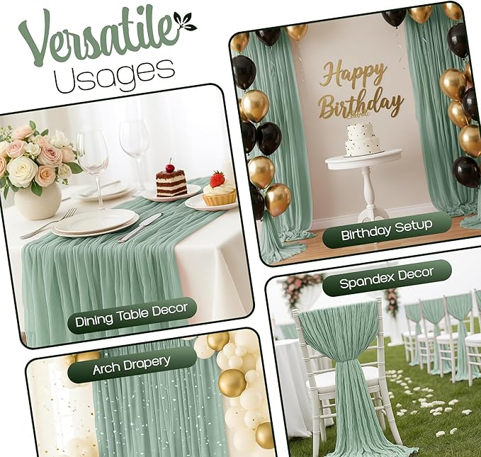12 Pack Sage Green Cheesecloth Table Runners 10FT Long – 35 x 120 Inch Boho Gauze Table Runners for Engagement, Wedding, Baby Shower & Home Decor – Soft Wrinkled Polyester Fabric