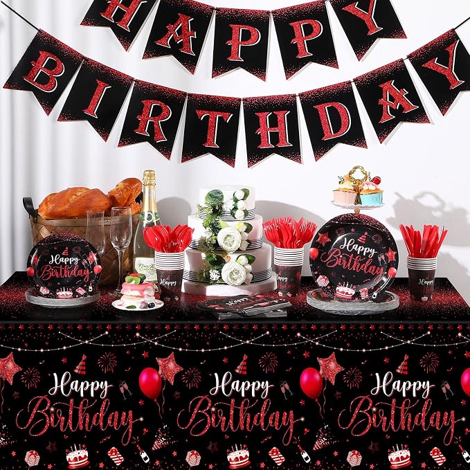 Vesici 171 Pcs Happy Birthday Party Supplies 24 Set Disposable Party Tableware include Plates Cups Napkins Cutlery and Banner Tablecloth Birthday Dinner Decorations for Men Woman(Black, Red)