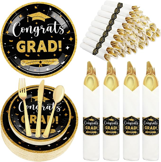 Meanplan 50 Sets 2026 Graduation Party Supplies Tableware Set Gold Pre Rolled Silverware for 50 Guests Class of 2026 Disposable Dinnerware for College High School Congrats Graduation Party Favors