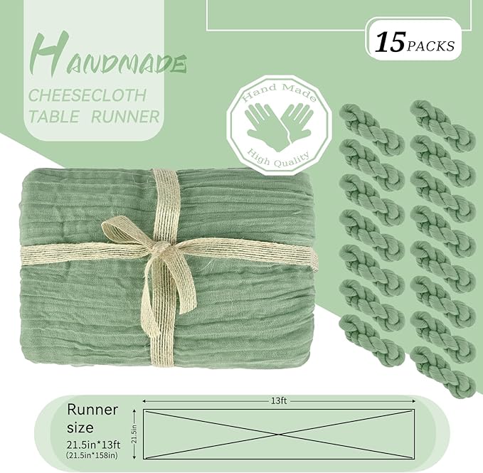 15 Sage Green Cheesecloth Table Runner, 13 Ft Rustic Gauze Boho Wedding Table Decoration - Wedding Party Bridal Shower Table Cloth, 21.5x157in