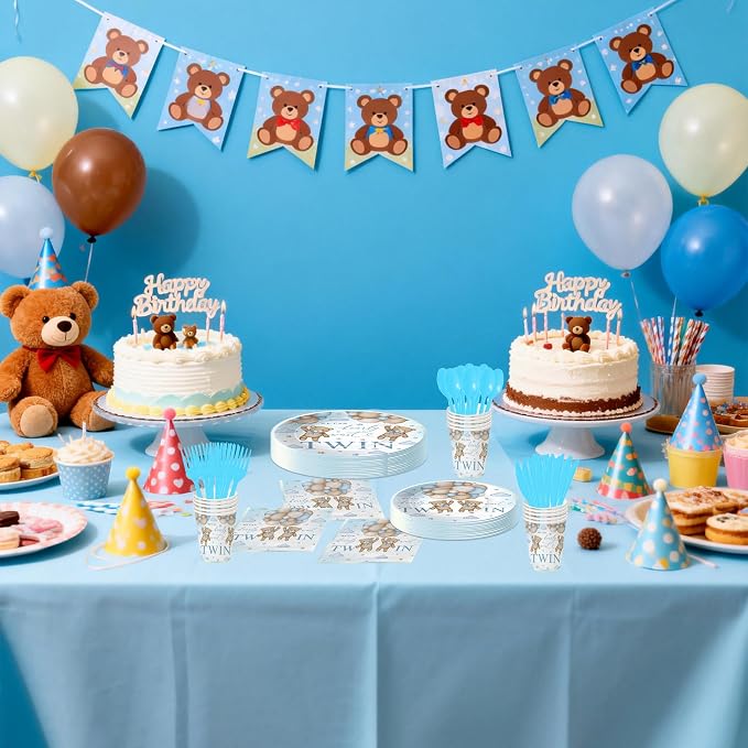Twin Baby Shower Decorations Tableware, Teddy Bear Theme We Can Bearly Wait Party Supplies, Disposable Paper Dinner Plate, Dessert Plate, Cup, Napkin, Cutlery, Serves 24, Blue and Tan
