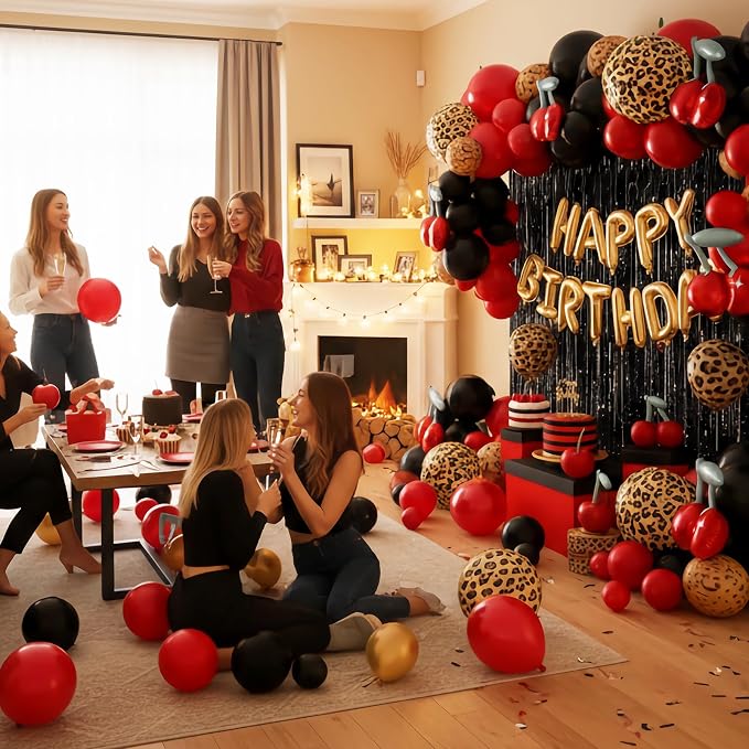 Cheetah Leopard Print Birthday Decorations Kit, Red Black Gold Cheetah and Cherry Balloon Arch Kit with Red Black Ribbon Background Decor for Party Decorations Women Graduation Birthday