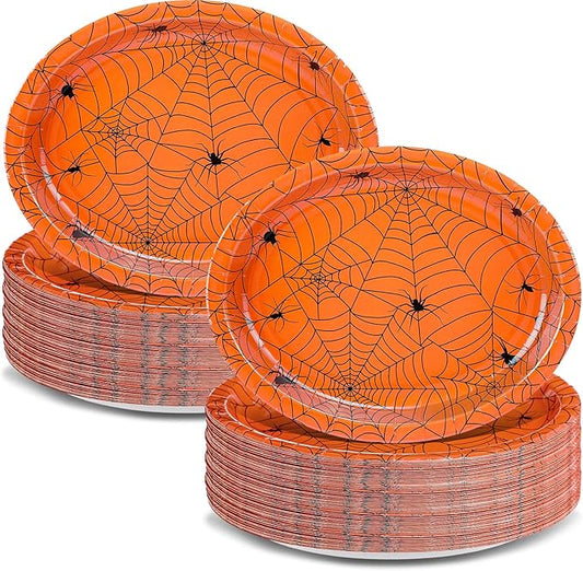 Vesici 50 Pcs Halloween Oval Paper Plates 11 inch Halloween Spider Web Heavy Duty Party Supplies Orange Disposable Dessert Plates for Party Decorations Dinner Tableware Set