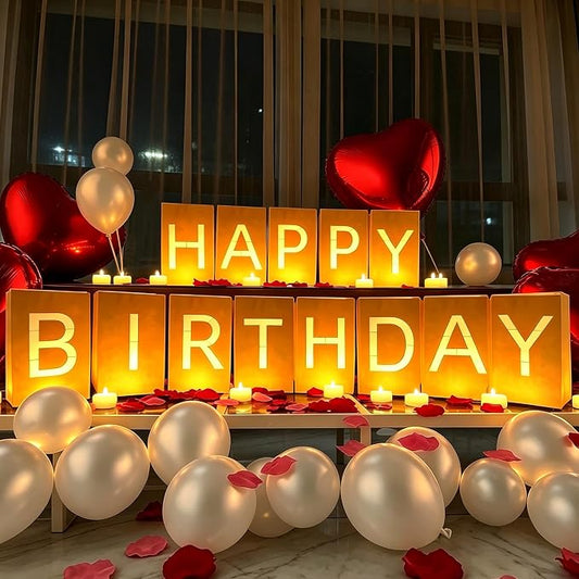 Happy Birthday Decorations Set with Light Up Letters LED Sign, 2000 Artificial Rose Petals, 30 LED Tea Lights Candles and 30 Balloons for Birthday Party Room Decor