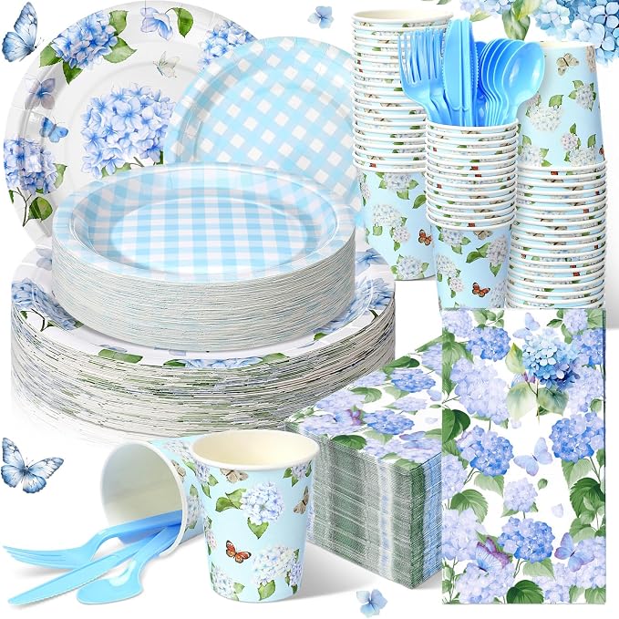 Sinmoe 400 Pcs Summer Hydrangea Floral Plates and Napkins Set Blue Flower Dinnerware Disposable Party Supplies for 50 Guest Dinnerware Knife Fork Spoon for Summer Hydrangea Birthday Party Decoration