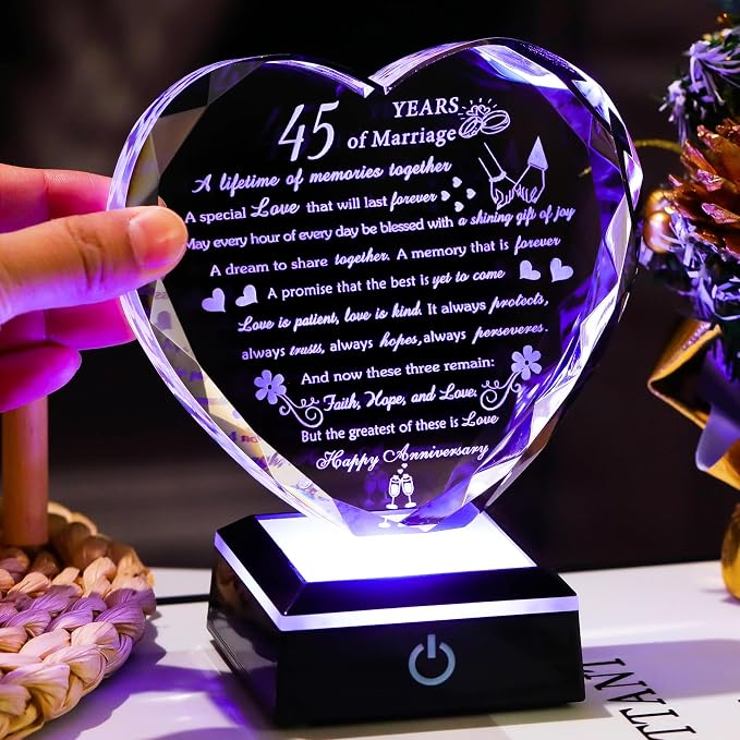 Arikyrist 45th Wedding Anniversary Crystal Gifts for Couples Parents, Romantic Heart 45th Anniversary Keepsake Gifts Ideas for Her Him, 45 Years of Marriage Gift for Wife Husband