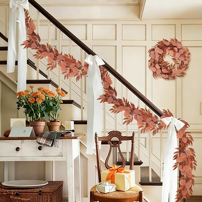RECUTMS 2Pcs Artificial Fall Eucalyptus Garland with Willow Leaves 6Ft Hanging Silk Orange Leaf Vine Greenery Faux Ivy Plants Indoor Outdoor Home Office Party Wedding Table Arch Fireplace Autumn Decor