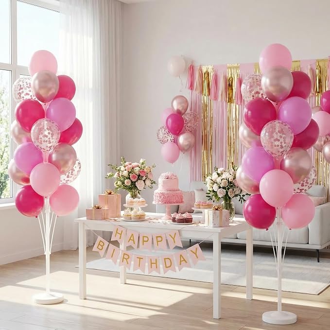 Balloon Column Kit Set of 2 With Balloons Included - Balloon Tower with Stand, Base, and Pole,Backdrop Decoration for Wedding, Baby Shower, Birthday Party (3xMetallic Light Pink)