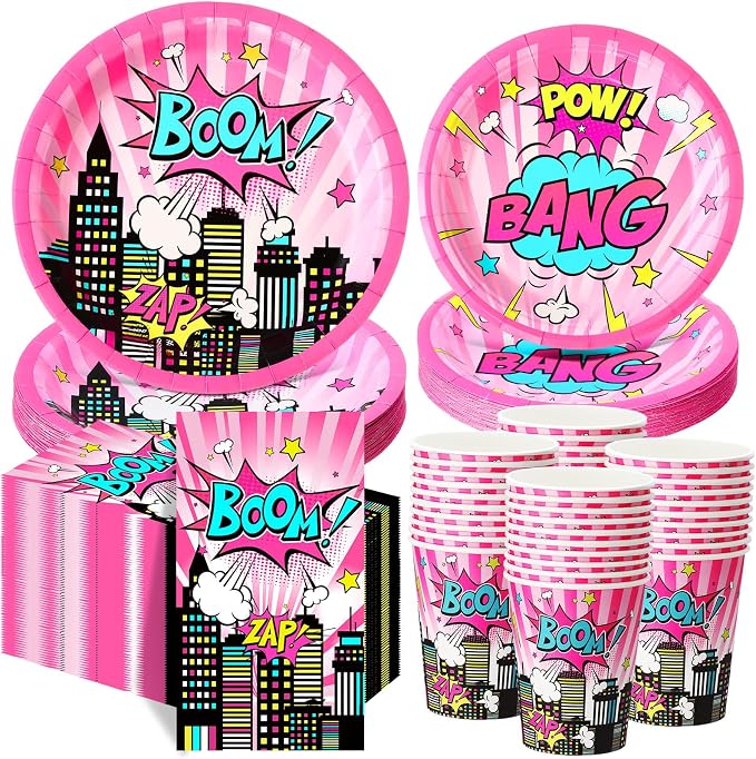 Funnymoom 250 Pcs Girl Hero Birthday Decoration Pink Comic Girl Hero Paper Plates Napkins and Cups Power Halloween Theme Party Tableware for Birthday Baby Shower Party Supplies, Serves 50