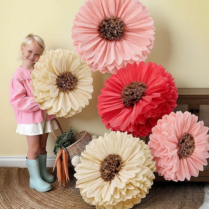 Chunful 5 Pcs 30'' 24'' Giant Fairy Tissue Paper Flowers Decoration Large Hanging Tissue Paper Pom Poms Decor for Fairy Garden Birthday Bachelorette Wedding Baby Shower Bridal Shower Party Decoration