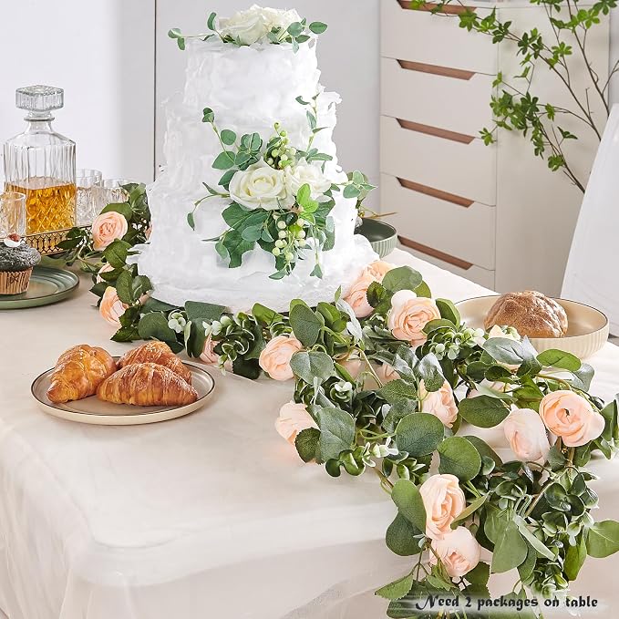 PONKING Flower Garland Artificial Rose Vine Flowers Hanging Fake Roses Vines for Wedding Birthday Party Valentines Christmas Room Wall Arch Decor, 2 Off White Floral Garland Decorations