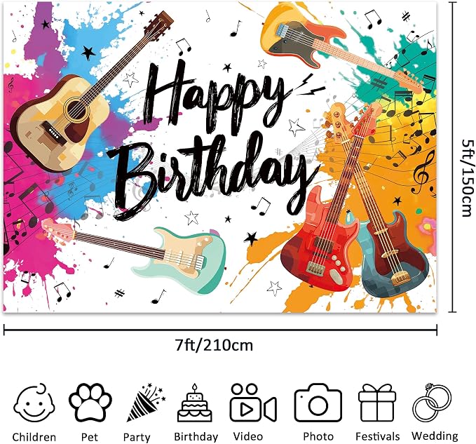 Guitar Happy Birthday Backdrop Music Themed Cool Watercolor Blue and Red Musical Notes Bday Party for Kids Photography Background Decoration Colorful Modern Fabric Photo Shoot Studio Props