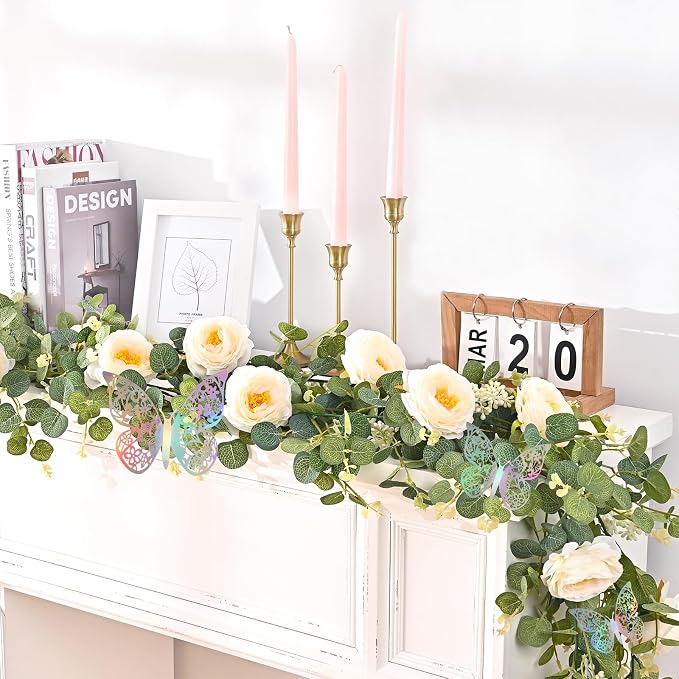 Yastouay 2 Pcs 12.1 Ft Flower Garland with Butterfly, Artificial Eucalyptus Garland with Champagne Flowers Fake Rose Camellia Vine for Table Centerpiece Wedding Baby Shower Room Backdrop Decor