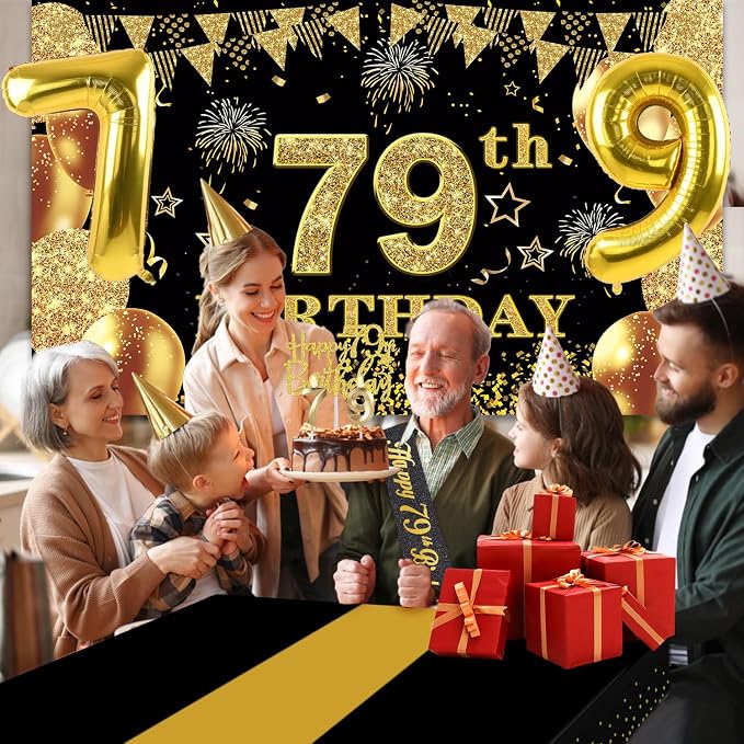 79th Birthday Decorations Men Women with 79th Birthday Banner, Black and Gold Table Cloth, Number Balloons, Sash, Cake Topper and Candles