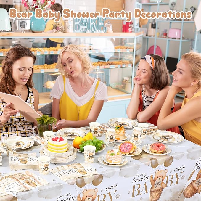Funnymoom 452 Pcs 50 Guests We Can Bearly Wait Baby Shower Decorations, Brown Neutral Baby Shower Paper Plates Napkins Cups Tablecloth Cutlery Straws Tableware Set for Gender Reveal Party Supplies