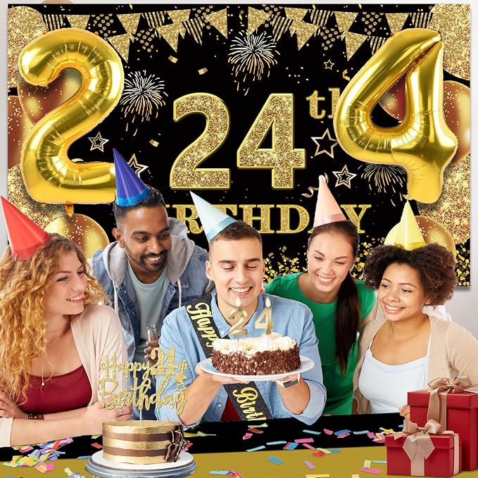 24th Birthday Decorations Men Women with 24th Birthday Banner, Black and Gold Table Cloth, Number Balloons, Large Sash, Cake Topper and Candles