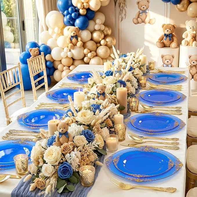 102PCS Blue Plastic Plates - Royal Gold Disposable Plates - Clear Blue Party Plate - Heavyweight Disposable Plate with Gold Rim - Fancy Dinner & Dessert Plates for 51 Guests Party Wedding