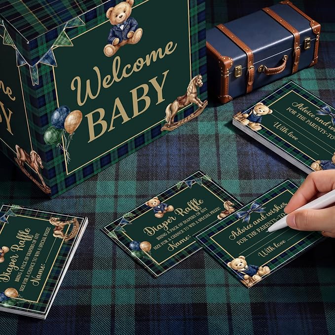 Teling 51 Pieces Diaper Raffle Tickets Box with Card Baby Shower Decorations Gender Reveal Holder Box for Girl Boy Diaper Raffle Party (Blue Green Tartan Plaid We Can Bearly Wait Style)