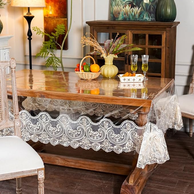 ARTABLE Vinyl PVC Rectangle Tablecloth Waterproof Clear Table Cover with Champagne Lace Macrame Border for Wedding Kitchen Home Outdoor Indoor Holidays Party Decor (Beige, 60 x 84 Inch)
