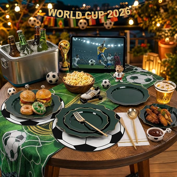 WDF 175Pcs Green Plastic Plates - Green Plates Disposable with Gold Rim - Christmas Plastic Plate - Fancy Disposable Dinnerware Sets 25 Guests Ideal for Party/Wedding/Birthday/2026 FIFA World Cup