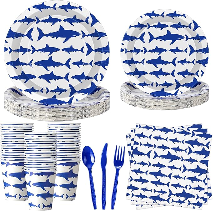 Vesici 350 Pcs Shark Birthday Plates and Napkins Tableware Set with Ocean Shark Napkins Plates Cups Straws and Forks Disposable Tableware Sets for Summer Under The Sea Birthday Party Supplies