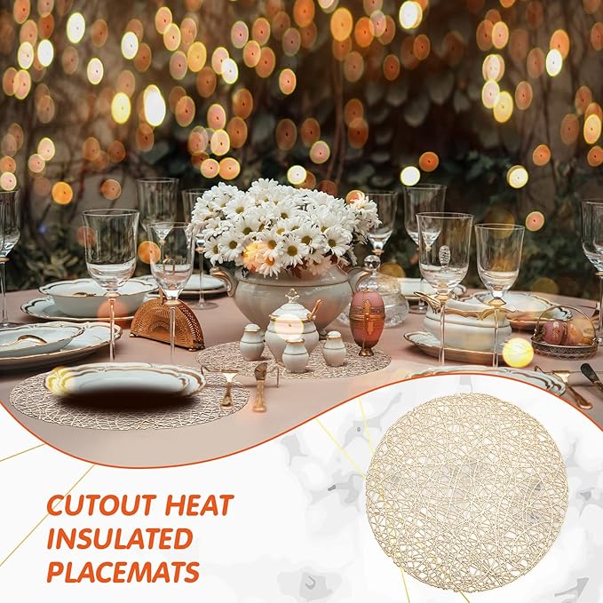 Sieral 60 Packs Gold Round Placemats 15 Inch Hollow Out Pressed Vinyl Place Mats Heat Resistant Woven Gold Placemats for Christmas Dinner Table Winter Holiday Party Wedding Centerpiece Decoration