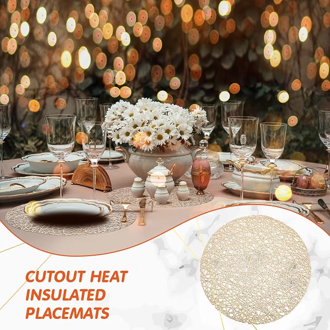 Sieral 24 Packs Gold Round Placemats 15 Inch Hollow Out Pressed Vinyl Place Mats Heat Resistant Woven Gold Placemats for Christmas Dinner Table Winter Holiday Party Wedding Centerpiece Decoration