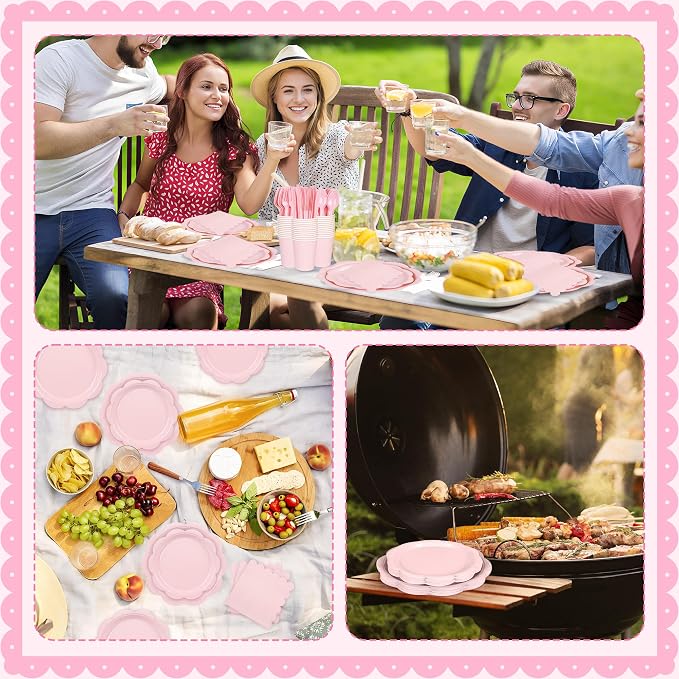 400 Pcs Pink Paper Plates and Napkins Set Party Supplies, Easter Party Tableware set for 50 Guest include Disposable Pink Scalloped Plates Napkins Knives Forks Spoons Cups for Baby Shower Wedding