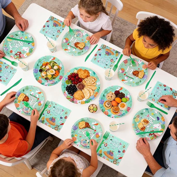 192 Pcs Easter Plates and Napkins Set Party Decorations Birthday Decorations Paper Plates Napkins Cups Forks Tablecloth Banner Bow Tableware Serve 24
