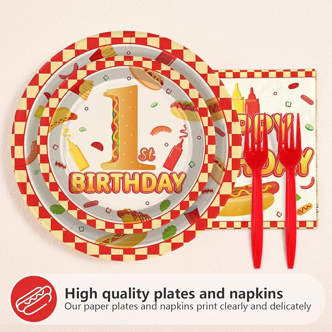 96Pcs Hot Dog 1st Birthday Party Supplies A Little Hotdog Is Turning One Plates and Napkins Fast Food Sausage Disposable Tableware Set for Kids One Year Old Birthday Baby Shower Decorations Serves 24