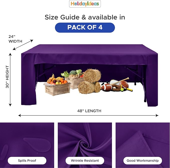 HolidayIdeas 4-Pack 4ft Open Back Fitted Tablecloths for Craft Shows Purple | 3-Sided coverage wrinkle resistant tablecloths for vendor booths,banquet events,outdoor pop-up shop