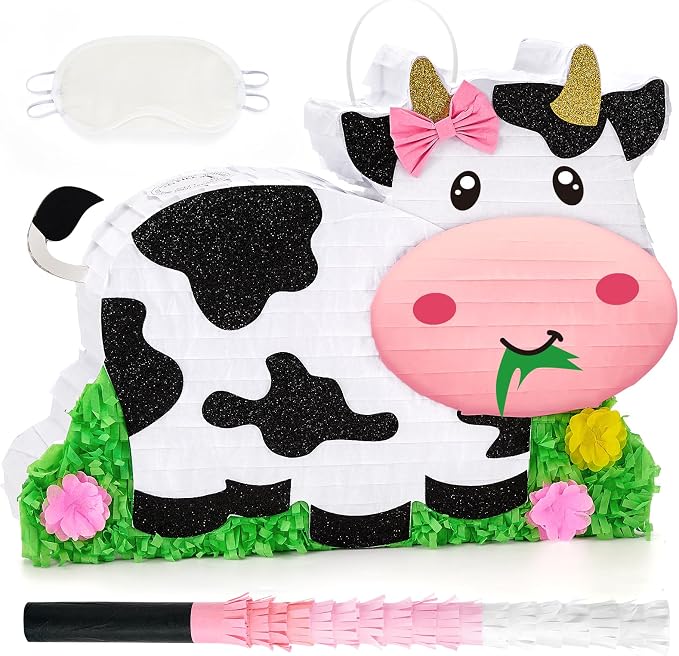 WERNNSAI Dairy Cow Piñata - Farm Animal Party Game Cow Piñata for Girls Birthday Party Decorations Kids Happy Party Favor Supplies with Bat Blindfold, Farm Theme Candy Toys Filler