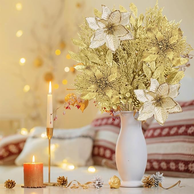 Winlyn 35 Pcs Christmas Artificial Poinsettia Flowers Picks and Artificial Leaves Sprays Gold Glitter Christmas Floral Picks for Gold Christmas Tree Holiday Centerpiece Wreath Garland Decorations