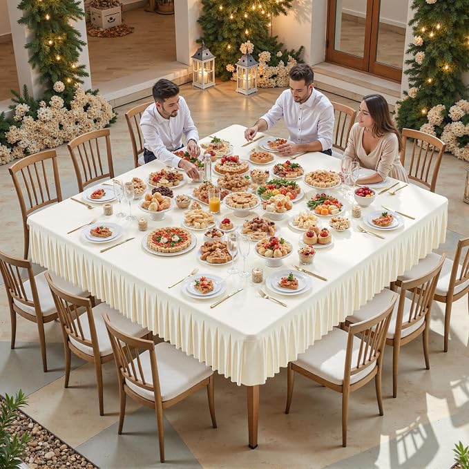 Shillance 60x60 Inch Ivory Spandex Square Tablecloth,Wrinkle Free Ivory Fitted Table Cloth for Square Tables,Washable Pleated Table Cover for Wedding Birthday Cocktail Party Buffet Dinner Camping