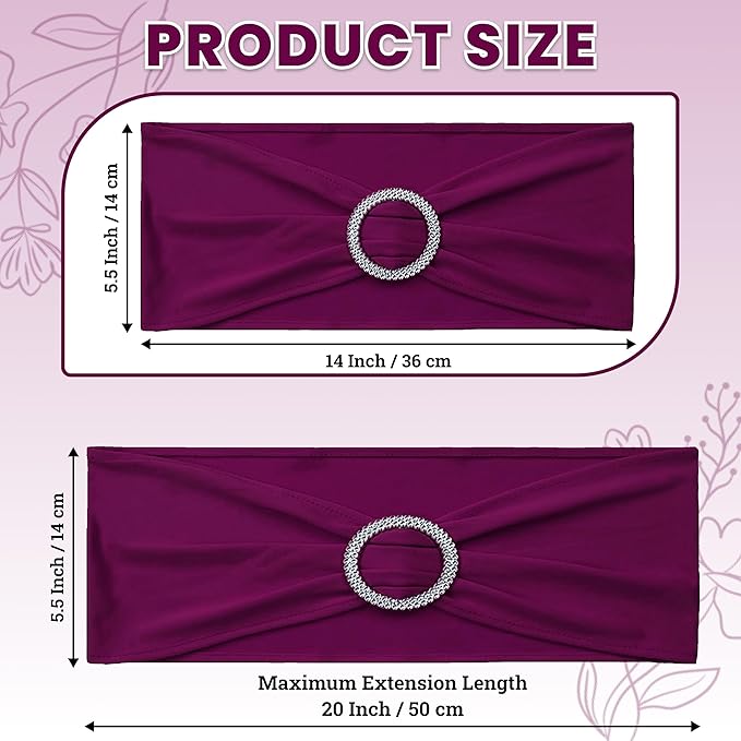 VDS - Eggplant | Spandex Chair Sashes Bows | 300 PCS | Stretch Elastic Banquet Universal Folding Chair Band Tie with Silver Buckle Slider for Wedding Party Conference Celebration Event Decoration