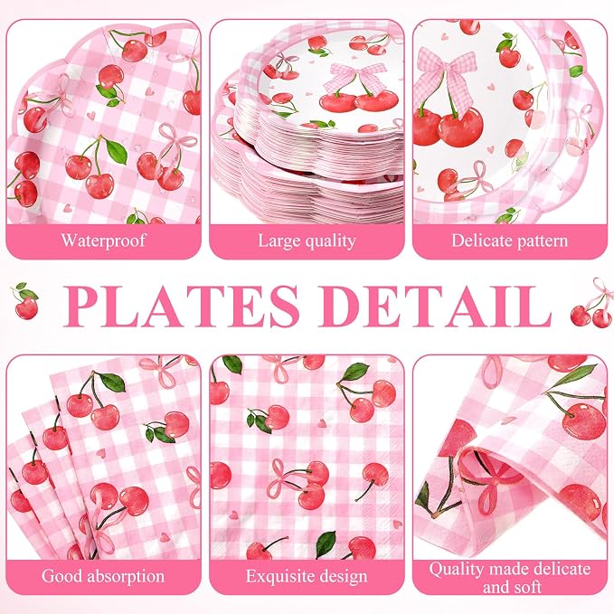 LemonRoad 452 Pcs Cherry Birthday Decorations for 50, Pink Bows Paper Plates Napkins Cups Tablecloth Cutlery Straws Bowknot Disposable Tableware for Fruit Cherry Birthday Baby Shower Party Supplies