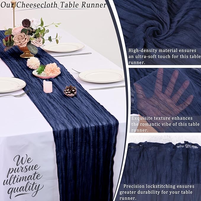 10 Pack Navy Blue Cheesecloth Table Runner 17x108 Inch Semi Sheer Boho Rustic Gauze Cheese Cloth Table Runners for Wedding Party Birthday Baby Shower Home Décor
