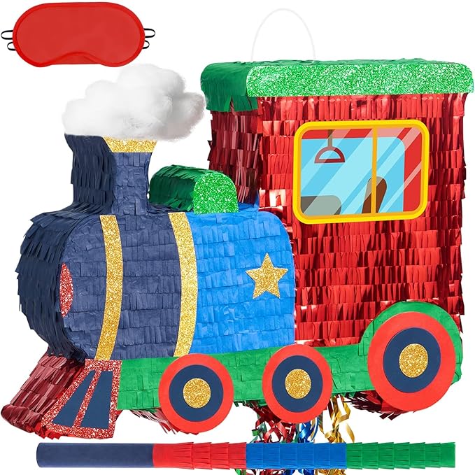 WERNNSAI Train Piñata - Train Themed Piñata with Pull String, Stick and Blindfold, for Birthday Decorations Party Supplies Carnivals Games Supplies (16.5"x12.4"x3")