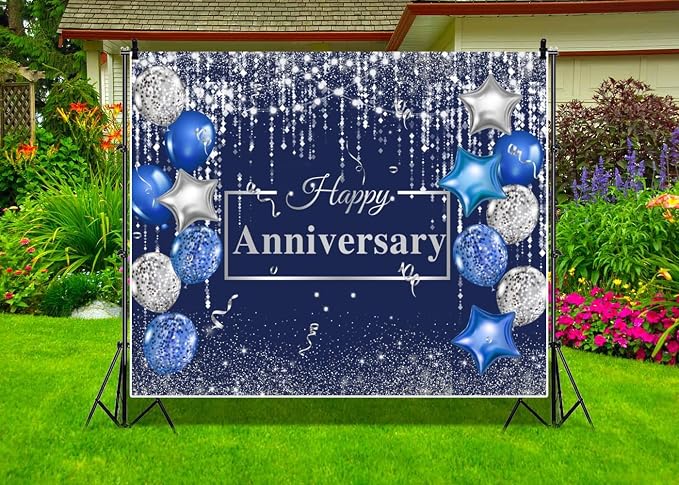 Happy Anniversary Backdrop 10x8ft Navy Silver Glitter Diamond Background for Wedding Anniversary Bridal Shower Party Decorations Photo Backdrops Miss to Mrs Photography Background