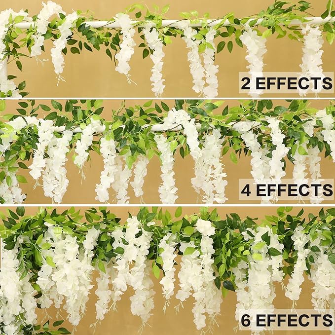 Wisteria Artificial Flowers Garland, 8Pcs Total 57.6ft Silk Faux Wisteria Vine Kit, Hanging Flower Plant for House Outdoor Garden Ceremony Outside Wedding Arch Floral Decor (8, White)