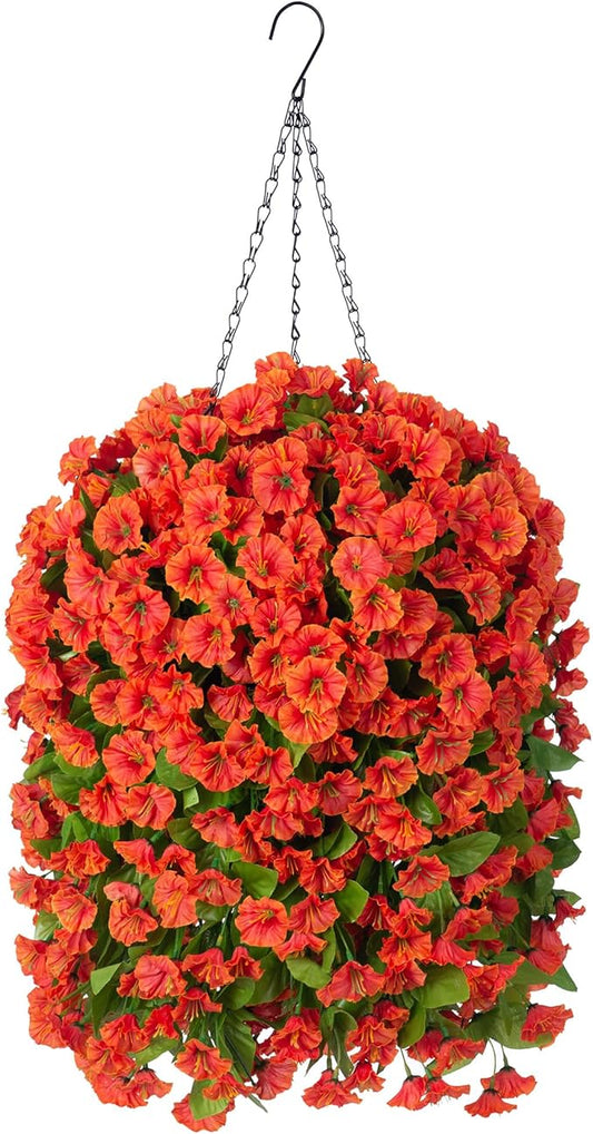 Ammyoo Artificial Faux Hanging Flowers Basket for Fall Outdoor Porch Decor, Fake Silk Colorful Morning Glory Eucalyptus in Planter UV Resistant Look Real for Home Balcony Yard(Orange)