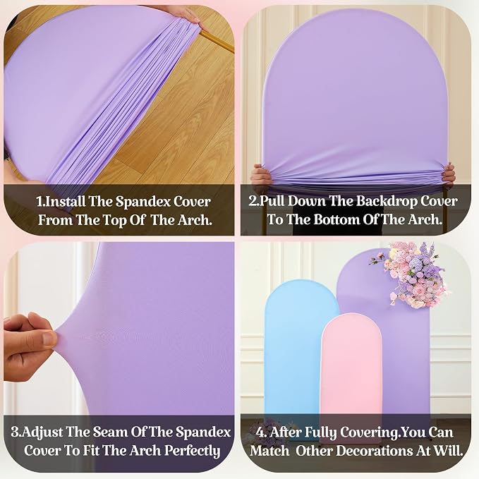 Set of 3 Arch Backdrop Covers(6ft, 5ft, 4ft) - Premium Stretchy Spandex Backdrop Arch Stand Cover for Baby Shower,Wedding,Party Decor Chiara Cover with Double-Sided Design(Pink Blue Lavender)