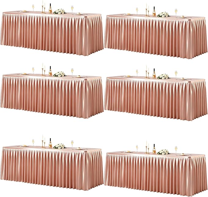 6 Packs Dusty Rose Satin Tablecloths Rectangle 6FT, Glitter Spandex Fitted Stretch Table Covers Wrinkle-Free Floor Length Shimmer Table Skirt for Weddings Parties Baby Shower Banquets Vendor Events