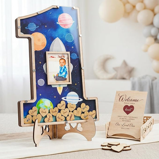 The Real Bossy Baby - Large Premium First Trip Around The Sun Birthday Guest Book Frame Keepsake- Space Birthday Decorations - First Birthday Gift Ideas - Wooden Shadow Box - Nursery Photo Frame Decor (First Trip Around The Sun)