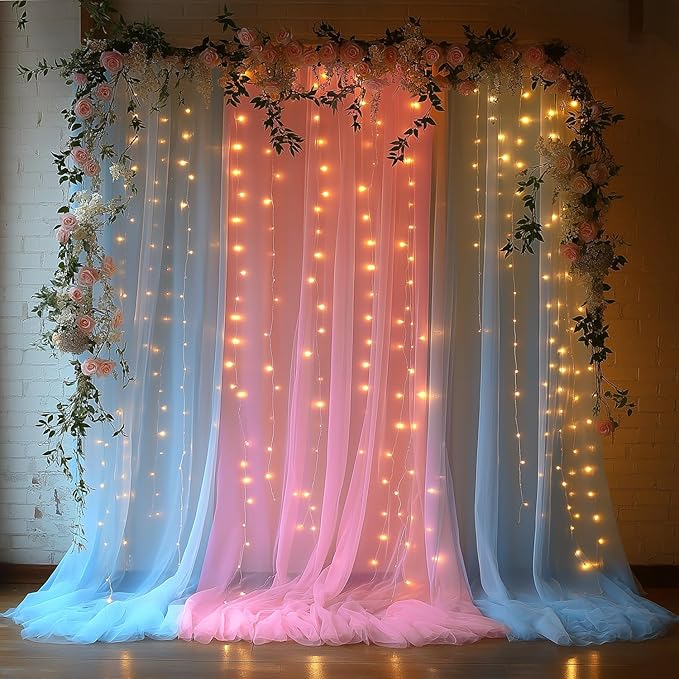 Pink and Blue Tulle Backdrop Curtain with Lights String - 10x10ft Sheer Wedding Backdrop for Baby Shower, Birthday Party, Photo Shoot Decorations - 2 Panels (5ft x 10ft Each)