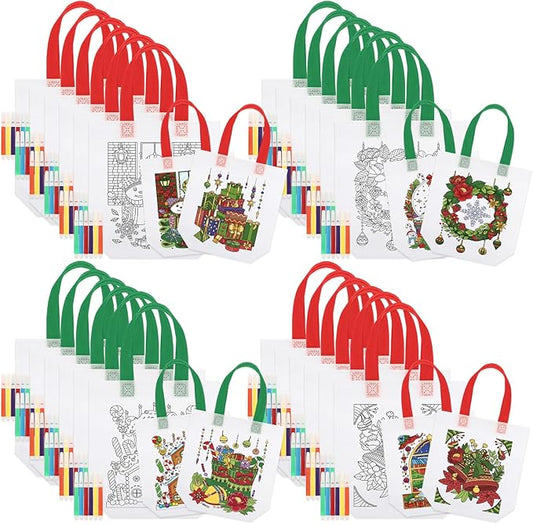 Sunnymove 24 Pcs Double-sided Christmas Coloring Goodie Bags with 144 Paint Pens, Color Your Own Christmas Non Woven Gift Reusable Party Favor Bags for Xmas Tree Snowman Wreath DIY Painting