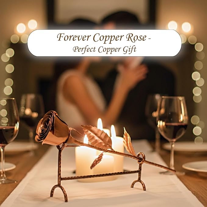 Copper Rose with Stand for 7th or 22nd Anniversary – Handmade Pure Copper Flower with Hammered Stand – Romantic Wedding Gift for Wife or Her