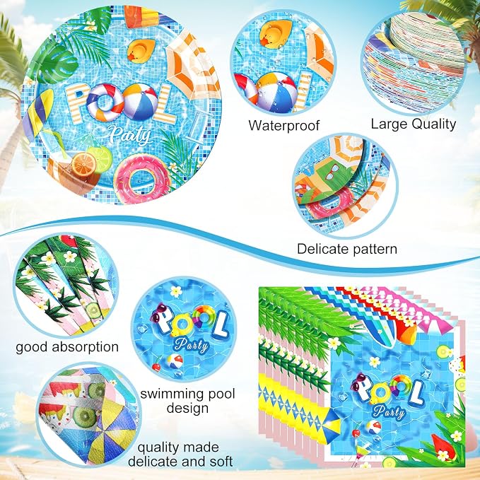 Funnymoom 400 Pcs Pool Party Supplies for 50 Guests Summer Pool Disposable Plates Napkins Cups Spoons Forks Knives for Birthday, Baby Shower, Beach, Summer Themed Party Decorations