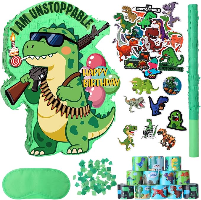 Dinosaur Piñata for Birthday Party, Dino Piñata Set with Blindfold and Baton, Pull String Pinata for Birthday Party Celebration