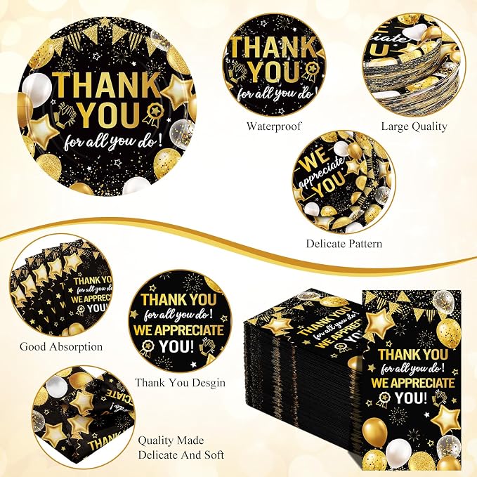 Funnymoom 400 Pcs We Appreciate You Party Supplies for 50 Guests Christmas Thank You Paper Plates Napkin Cup Fork for Teacher Employee Staff Xmas Doctor Appreciation Back to School Graduation